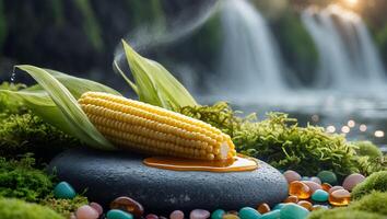 Corn on Cob with Drizzle on Stone Near Waterfall Setting photo