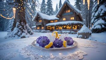Winter Cabin Floral Arrangement on Snowy Table with Forest Backdrop photo