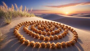 Arrangement of Nuts in Spiral on Sandy Dunes at Sunset photo
