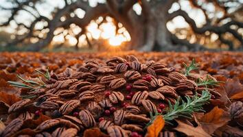 Pecan Nuts Pile on Autumn Leaves at Sunset with Large Tree photo