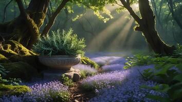 Walking Through Forest with Wildflowers and Potted Plant with Sunbeams photo