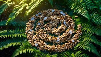 Seeds Arranged in Swirl on Fern Leaf with Crystal Accents photo