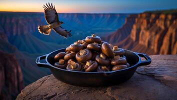 Mushrooms in Pan with Hawk Flying Over Grand Canyon Landscape photo