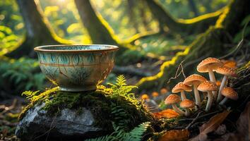 Ceramic Bowl Resting on Mossy Rock Next to Mushrooms in Forest photo
