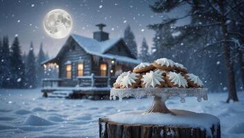 Cookies on Stand with Winter Cabin and Moonlit Snowfall Scene photo