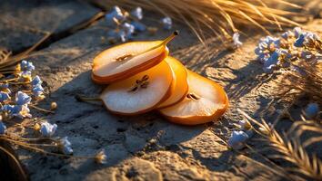 Pear Slices on Stone with Flowers in Warm Sunlight Still Life photo