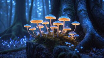 Glowing Mushrooms in Forest with Blue Light and Mossy Stump photo