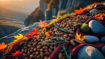 Arrangement of Almonds, Leaves, and Stones on Mountain Edge at Sunset photo