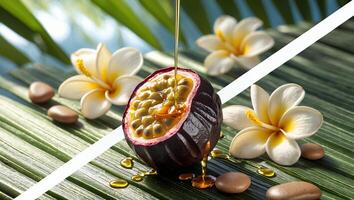 Pouring Oil Onto Passion Fruit with Flowers and Stones on Palm Leaf photo