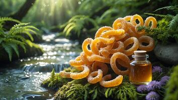 Pile of Candied Rings with Small Bottle on Mossy Forest Floor photo