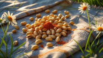 Pistachios Pile with Paprika on Picnic Blanket Near Daisies photo