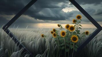 Sunflowers and Field Under Dramatic Sky Framed by Geometric Shape photo