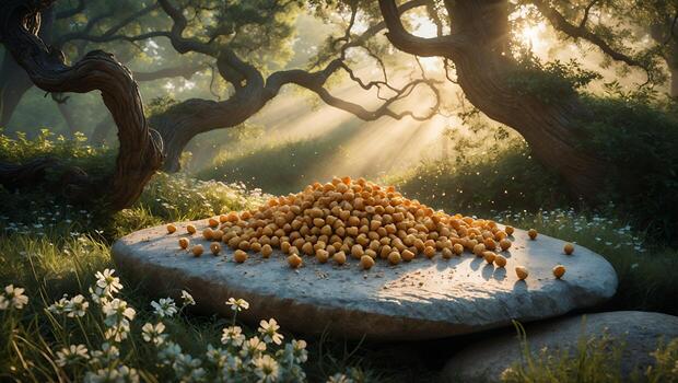 Pile of Round Snacks on Stone Slab in Sunny Glade photo