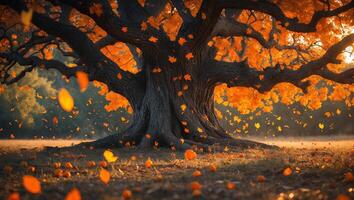 Majestic Old Tree with Falling Autumn Leaves in Golden Light photo