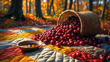 Cranberries Spilling From Wicker Basket on Quilt in Autumn Forest photo
