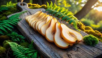 Sliced Pear Fruit on Rustic Board with Natural Forest Background photo
