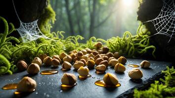 Hazelnuts and Honey in Forest Setting for Food Photography photo