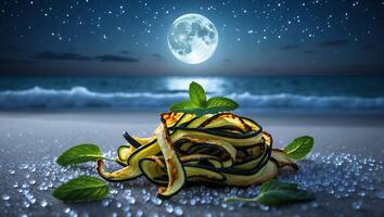 Grilled Zucchini with Mint Under Full Moon at Beach photo
