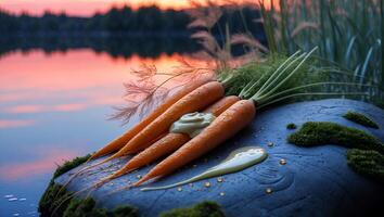 Fresh Carrots with Dip at Sunset by a Lake with Moss photo