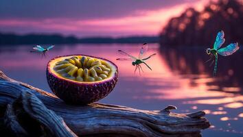 Passion Fruit with Dragonflies by Lake at Sunset Peaceful Nature Scene photo