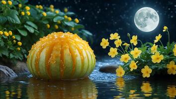 Glowing Moonlit Night Scene with Unusual Fruit and Yellow Flowers photo