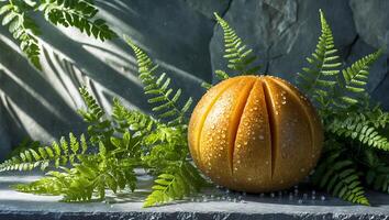 Stylized Orange with Water Droplets Surrounded by Green Ferns photo