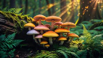 Cluster of Colorful Mushrooms Growing on Mossy Log in Forest Sunlight photo