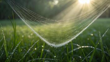 Spiderweb Covered in Dew Drops Shines in Morning Sunlight on Meadow photo