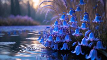 Bluebell Flowers Growing Beside Water Creating Ripples on a Peaceful Day photo