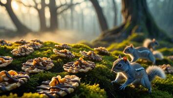 Squirrels Finding Nut Treats in a Forest Glade photo