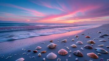 Seashells on Beach at Sunset with Soft Waves and Pink Sky photo