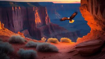 Eagle Flying Over Desert Canyon at Sunset with Glowing Rocks photo