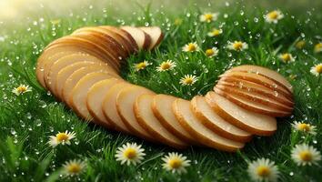 Arrangement of Pear Slices on Green Grass with Daisy Flowers photo