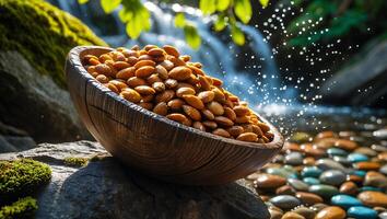 Almonds in Bowl Displayed by Waterfall with Colorful River Rocks photo