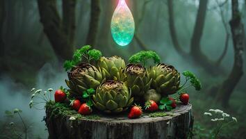 Artichokes and Strawberries on Tree Stump with Glowing Orb in Forest photo