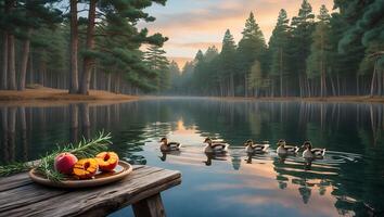 Ducks Swimming on a Calm Lake Near Dock with Peaches photo