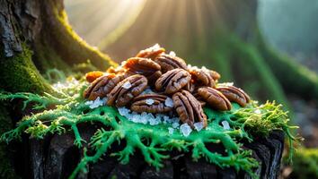 Pile of Pecan Nuts on a Mossy Tree Stump in Forest photo