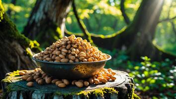 Bowl of Almonds on a Tree Stump in a Forest Setting photo