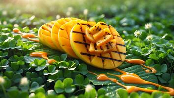 Grilled Mango Slices with Sauce on Lush Green Clover Field photo