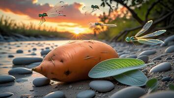 Dragonflies Fly Over a Sweet Potato at Sunset Near Water photo