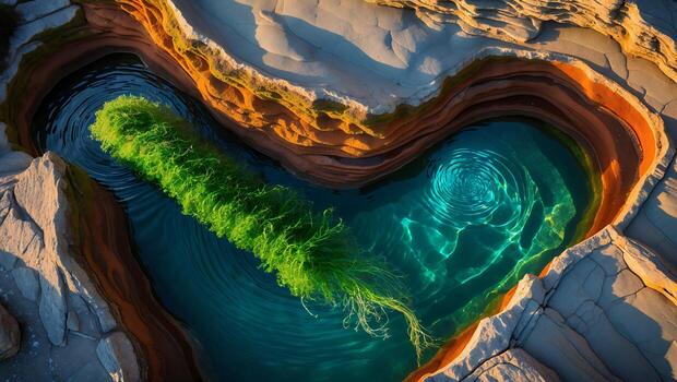 Clear Water Pool Among Rocks with Green Algae and Ripples photo