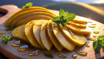 Sliced Mango with Honey and Mint on a Wooden Cutting Board photo