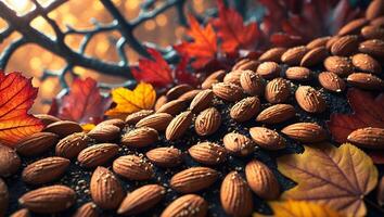 Almonds on Ground with Autumn Leaves in Warm Light Setting photo
