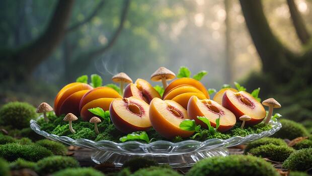 Plum Slices and Mushrooms Arranged on Glass Plate in Forest photo