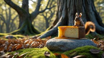 Squirrel Reaching for Slice of Cake Topped with Caramel in Forest photo