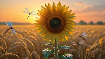 Sunflower Field at Sunset with Dragonflies Flying Through Golden Light photo