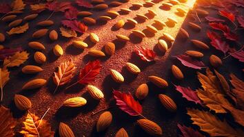 Almonds and Autumn Leaves Scattered with Sunlit Path, Natural Texture photo