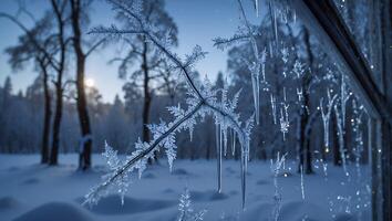 Ice Crystals Hanging in Snowy Winter Landscape with Trees Background photo