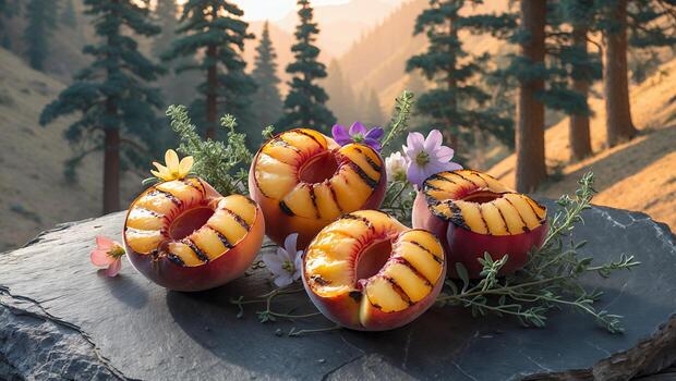 Grilled Peach Halves on Stone Slab with Flowers in Nature photo