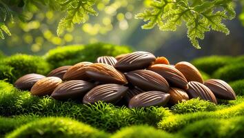 Almonds Covered with Chocolate Placed on Moss and Foliage photo